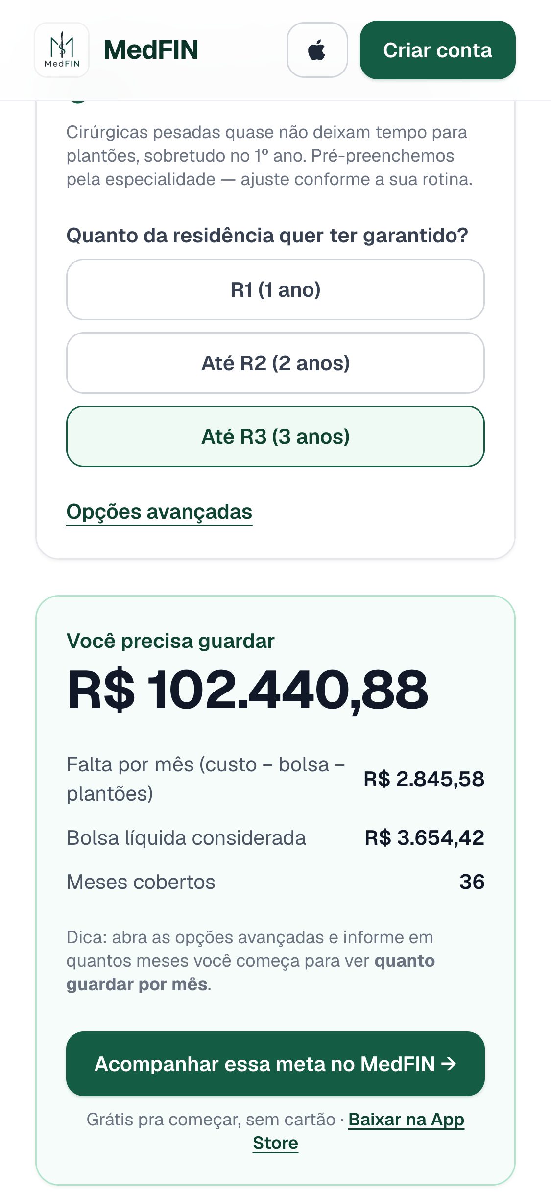 Calculadora de reserva para residência do MedFIN mostrando que um residente de cirurgia geral em São Paulo precisa guardar cerca de R$ 102 mil para garantir os três anos de residência