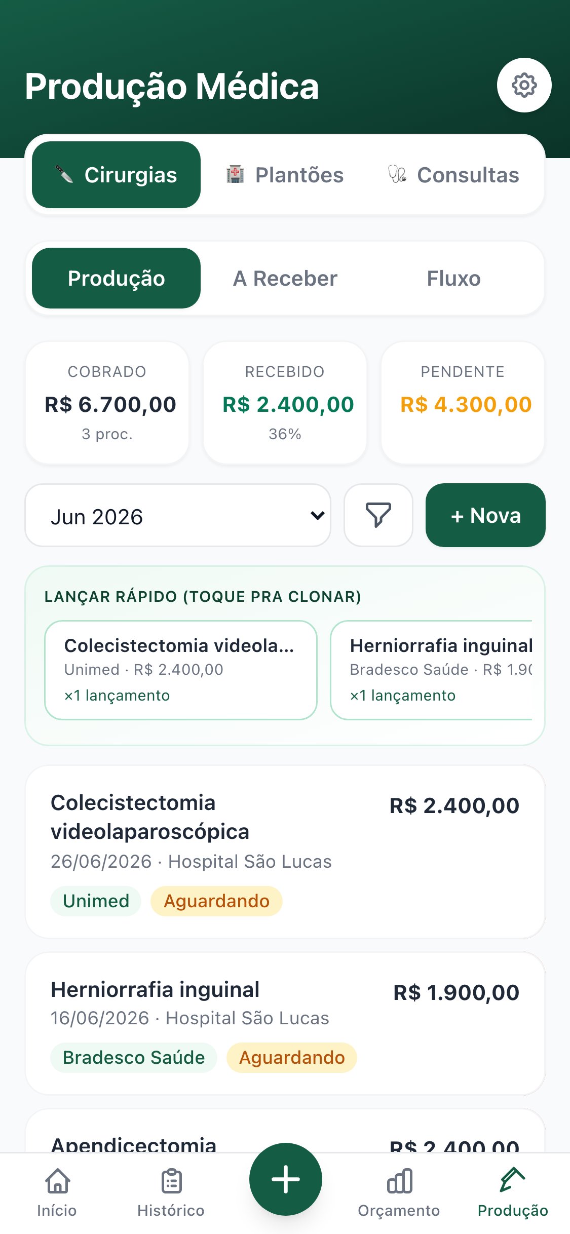 MedFIN — Produção Médica com cobrado, recebido e pendente por procedimento, e o total a receber por convênio