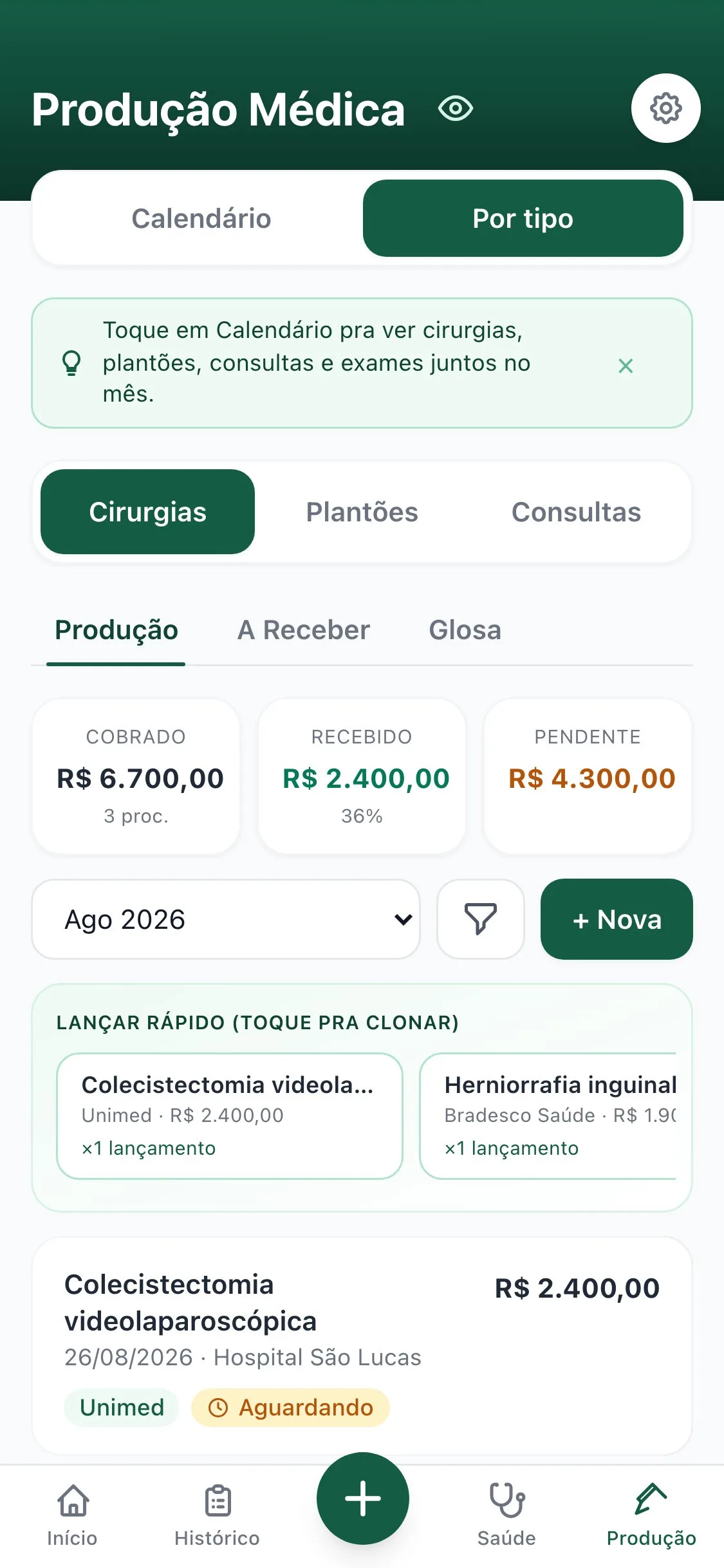 Aba Produção do MedFIN mostrando a lista de cirurgias com valores, convênio e status de cada procedimento.