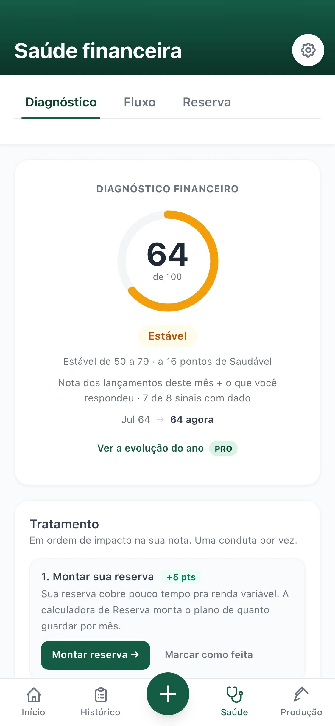 Aba Saúde do MedFIN com a nota do diagnóstico financeiro e a lista de condutas em ordem de impacto.