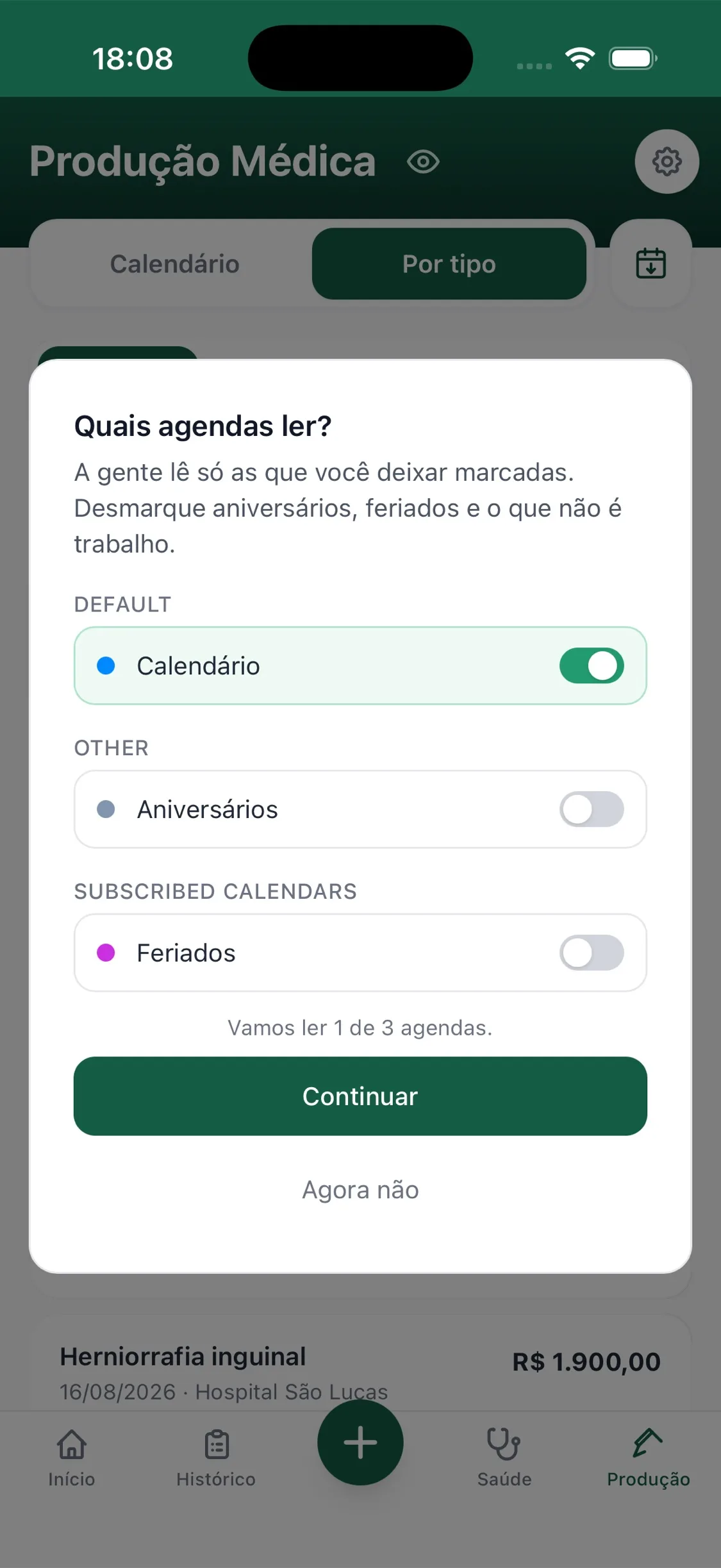 Tela do MedFIN perguntando quais agendas ler, com o calendário de trabalho marcado e Aniversários e Feriados desmarcados.
