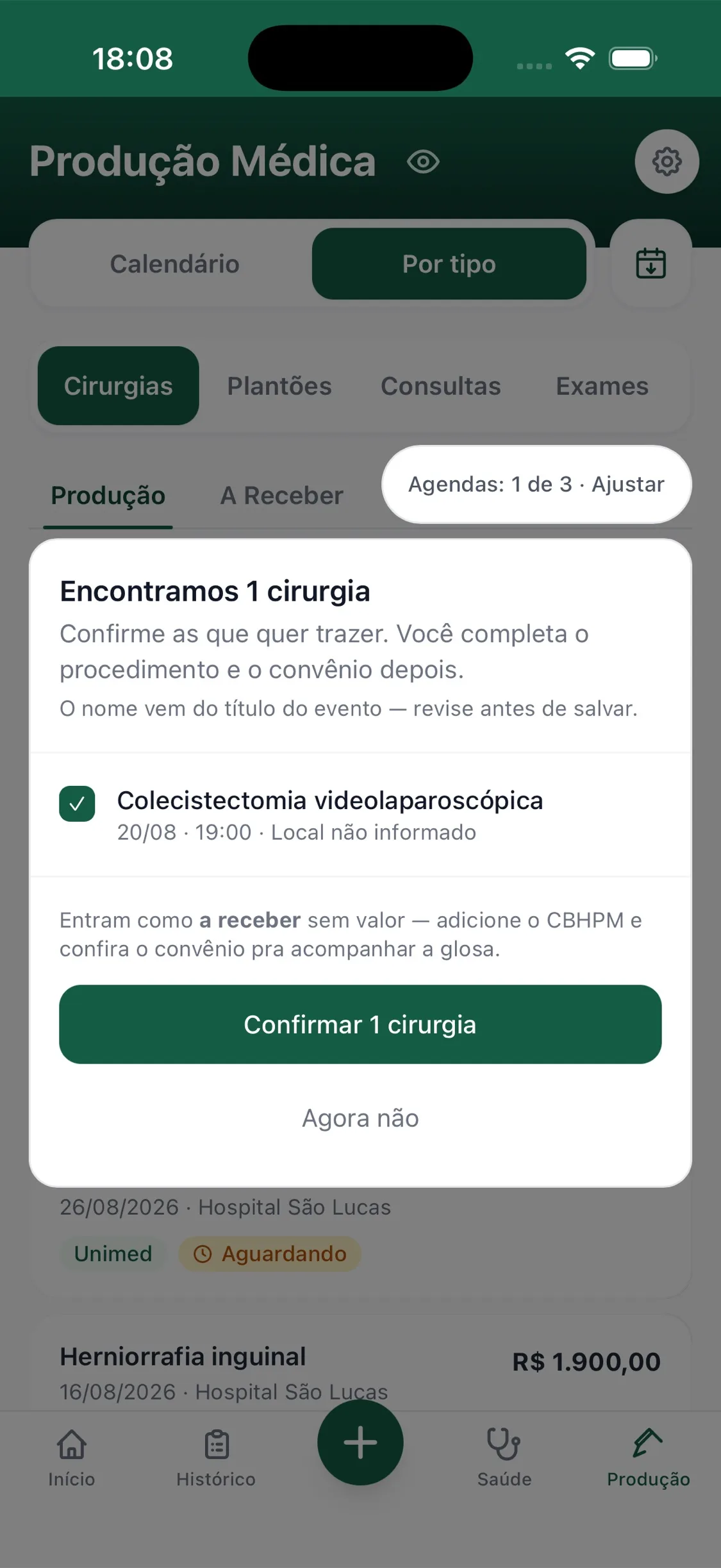 Tela de revisão do MedFIN listando a cirurgia encontrada na agenda, com caixa marcada e o aviso de que ela entra como a receber, sem valor.