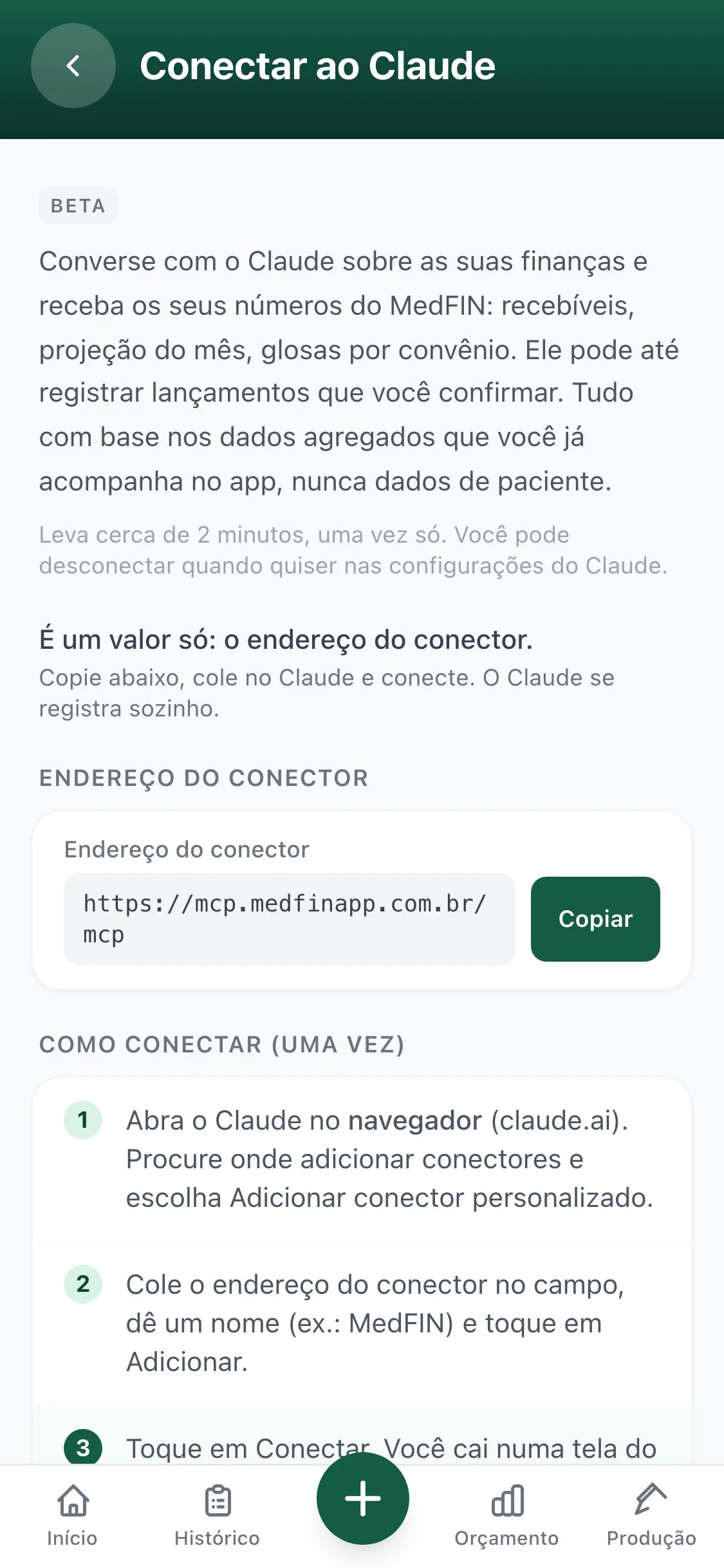 Tela Conectar ao Claude nas Configurações do MedFIN: o endereço do conector, com um botão para copiar.