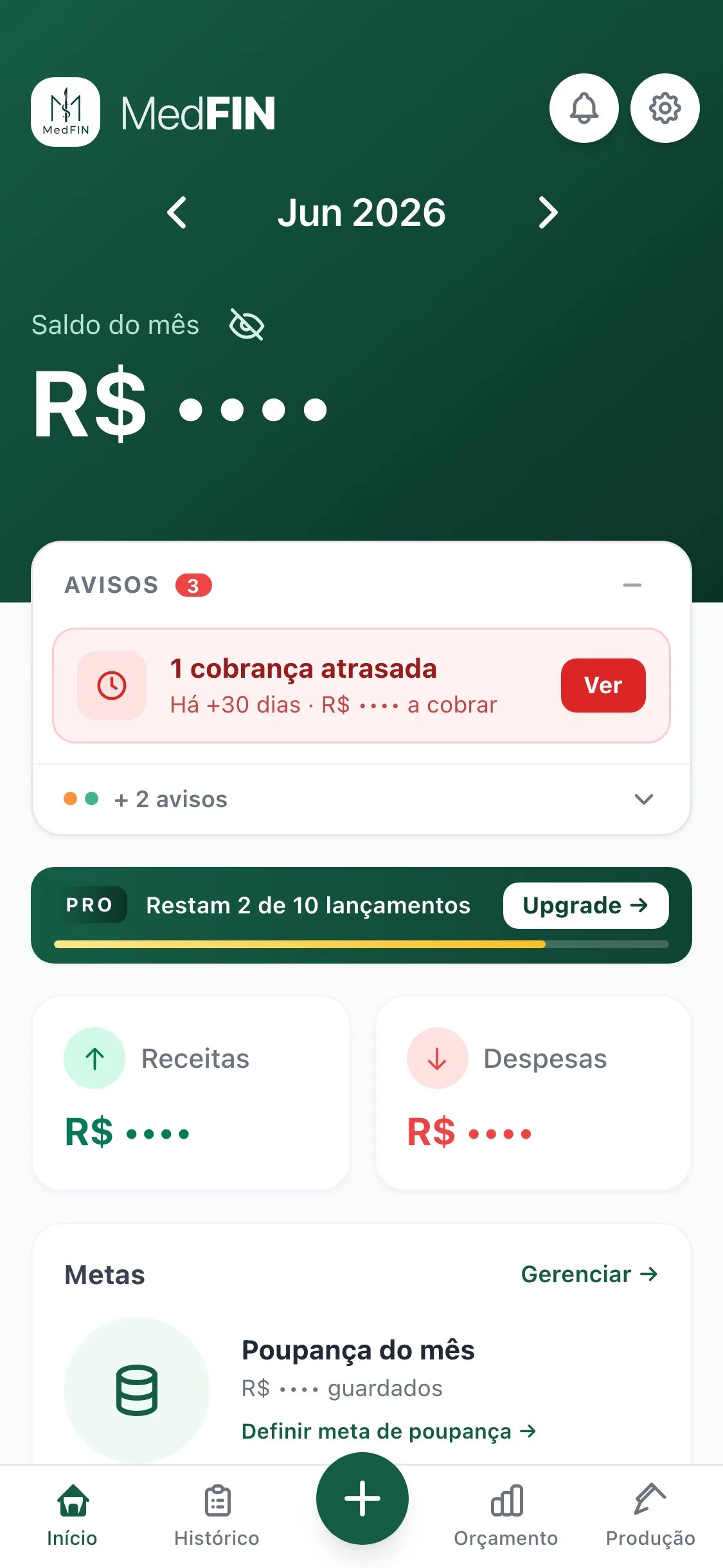 Tela Início do MedFIN com os valores ocultos: saldo, receitas e despesas aparecem como R$ ••••.