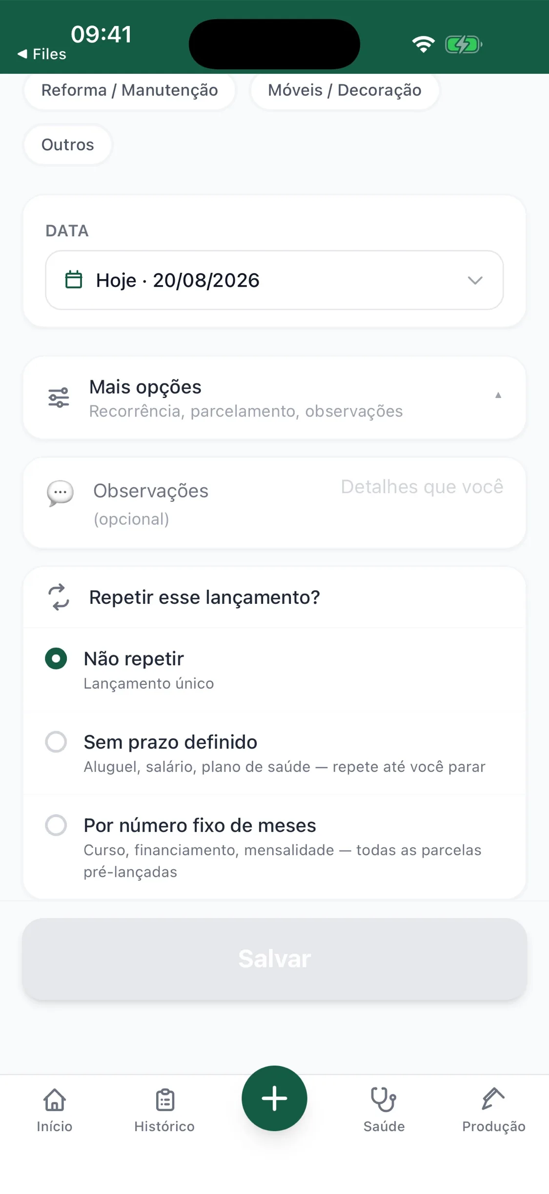 Tela de nova transação do MedFIN com a pergunta Repetir esse lançamento? e as três opções: não repetir, sem prazo definido e por número fixo de meses.