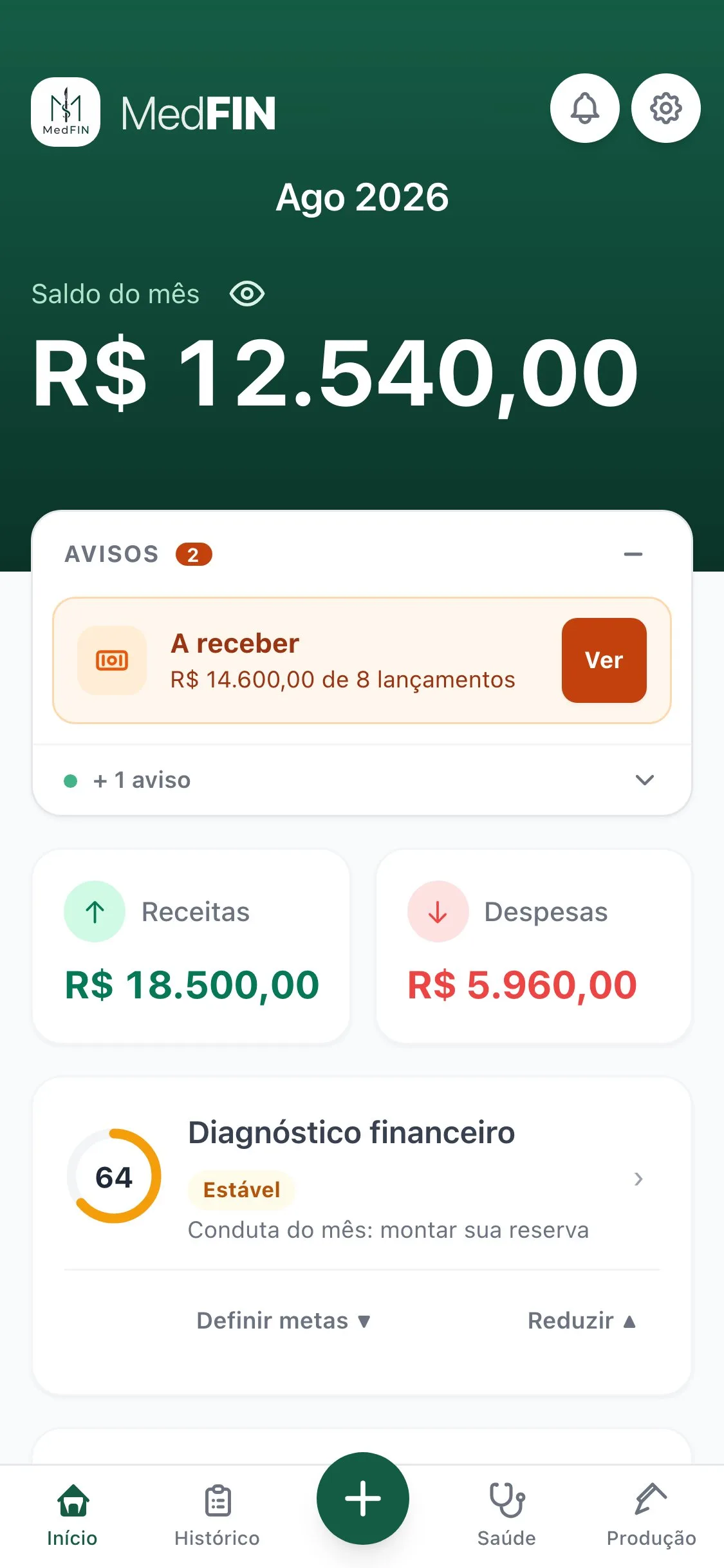 Tela Início do MedFIN: saldo do mês, avisos, receitas e despesas, e a barra de navegação na base.