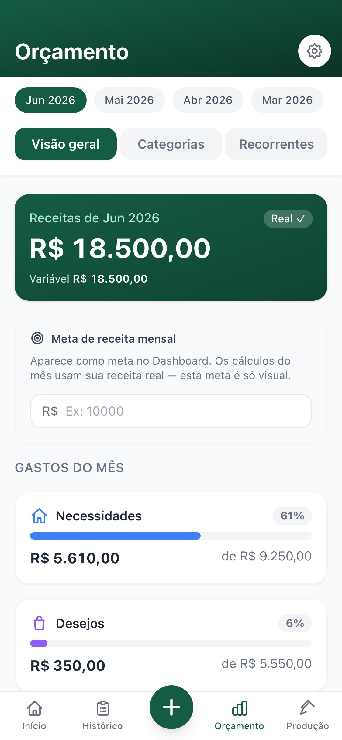 MedFIN — tela Orçamento, com a receita variável do mês e os gastos separados em necessidades e desejos