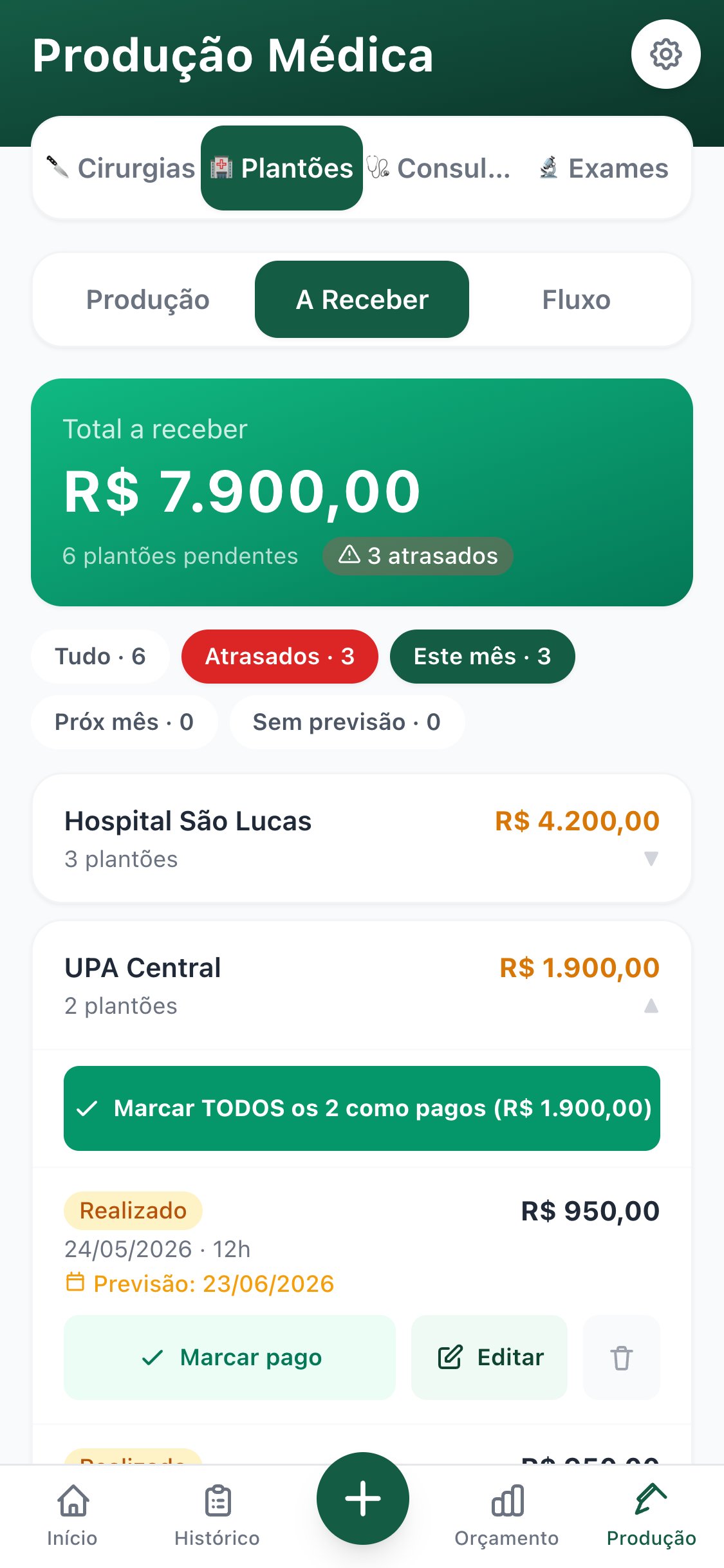 MedFIN — tela A Receber dos plantões, com o valor em aberto agrupado por hospital e os plantões atrasados em destaque